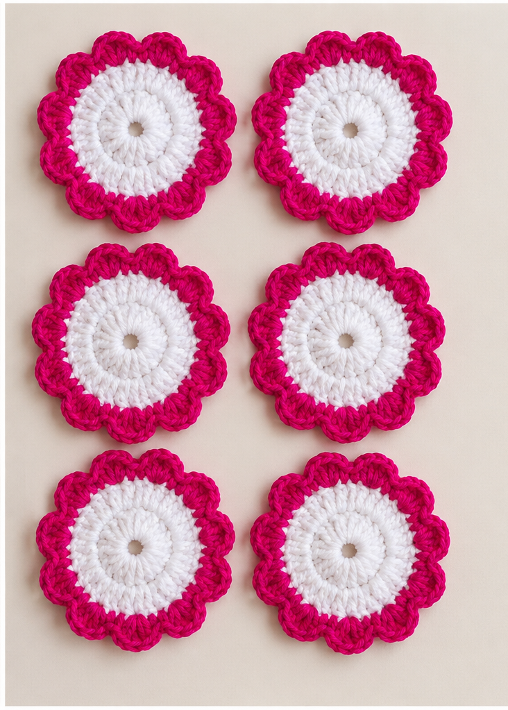 Pink & White Crochet Flower Coasters (Set of 6)