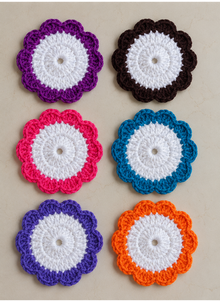 Rainbow Crochet Flower Coasters (Set of 6, Assorted Colours)