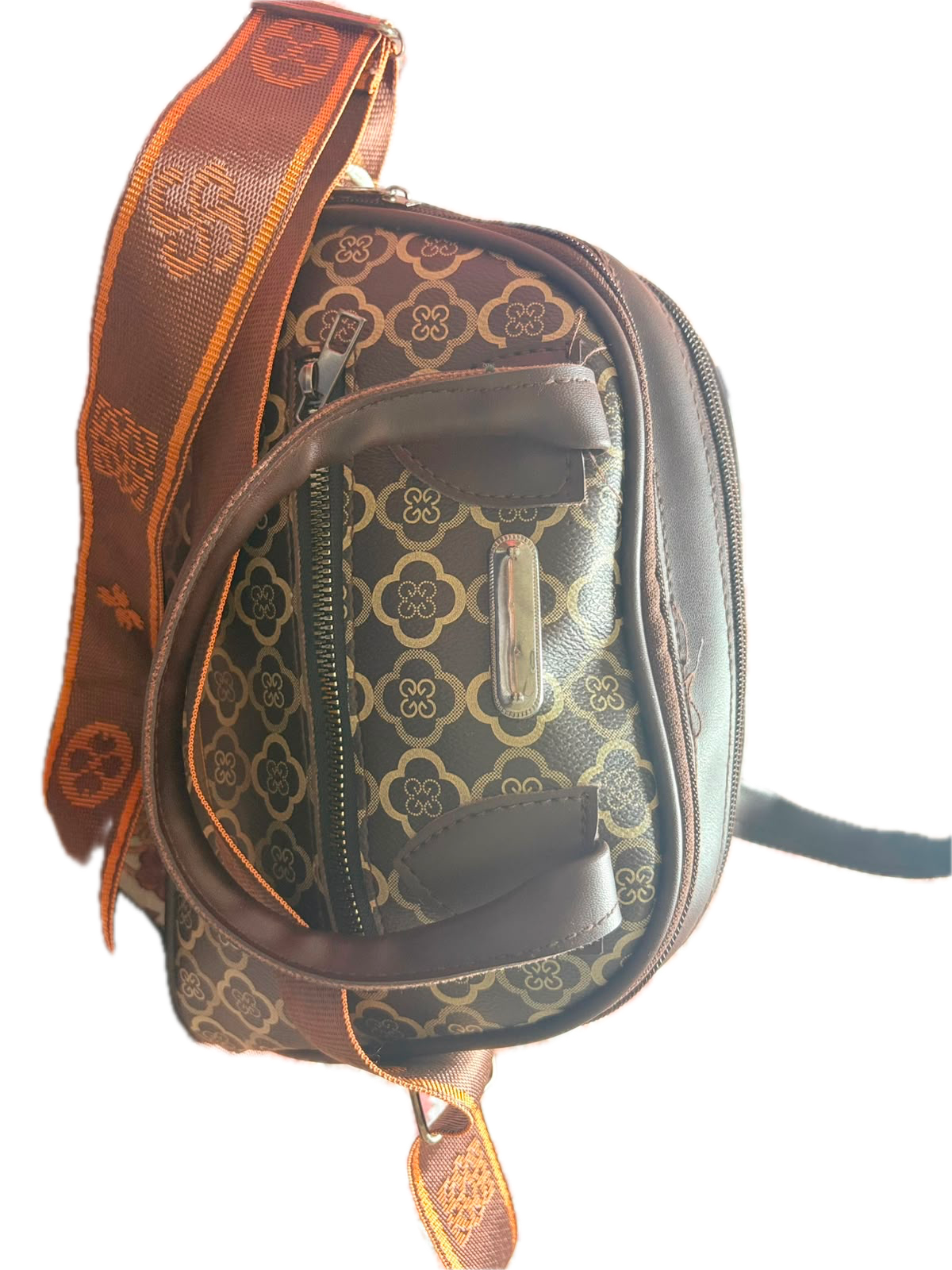 Women's Brown Floral Print Handbag with Adjustable Sling Strap