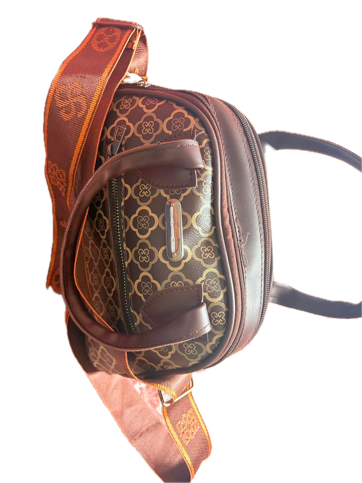 Women's Brown Floral Print Handbag with Adjustable Sling Strap