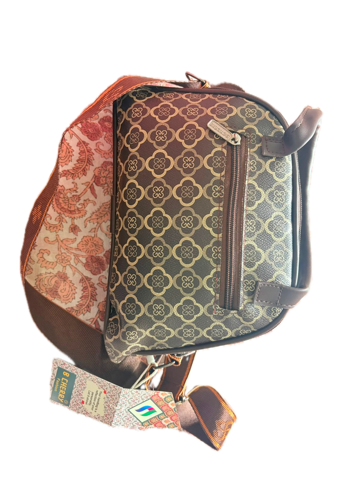 Women's Brown Floral Print Handbag with Adjustable Sling Strap