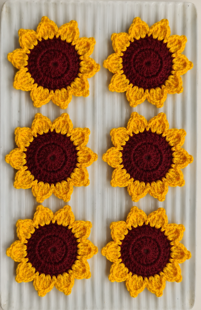 Yellow & Maroon Crochet Flower Coasters (Set of 6)